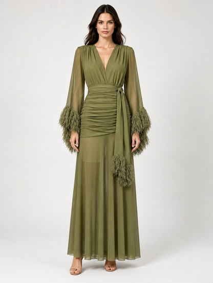 Olivia Feather-Cuff Ruched Gown