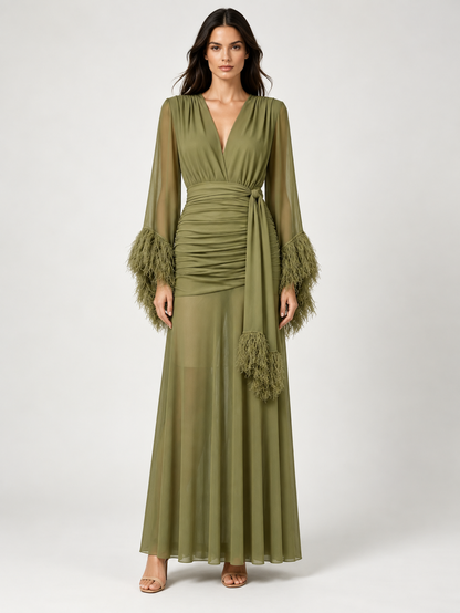 Olivia Feather-Cuff Ruched Gown