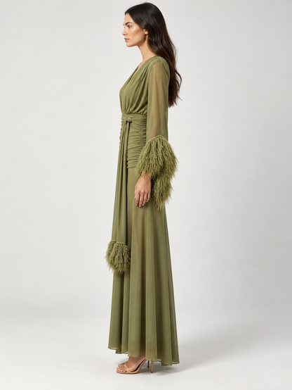 Olivia Feather-Cuff Ruched Gown