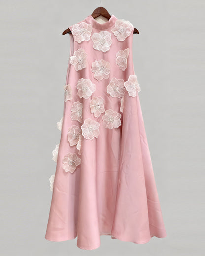 Pink Sleeveless Midi Dress with Floral Lace & Pearl