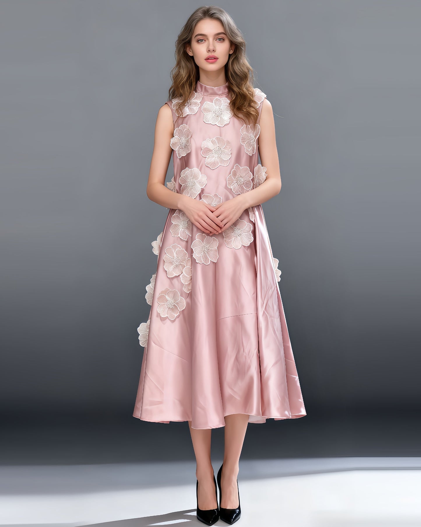 Pink Sleeveless Midi Dress with Floral Lace & Pearl