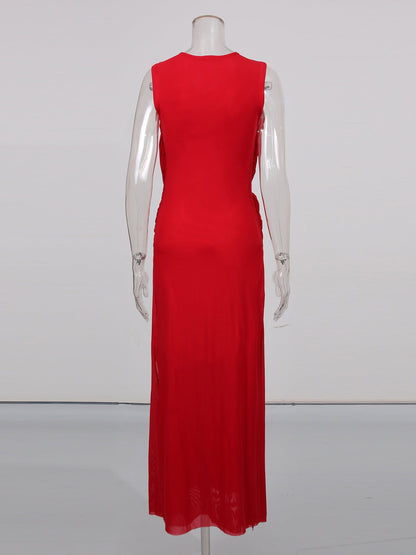 Red Sleeveless Knotted Ruched Maxi Dress
