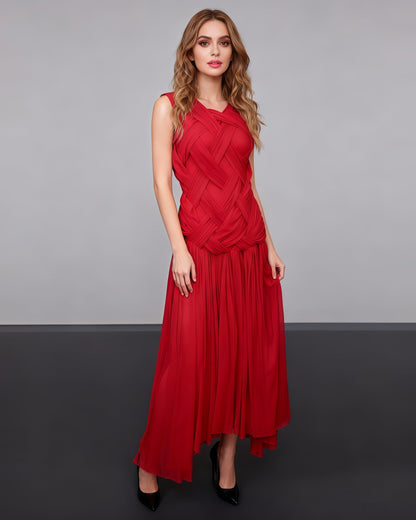 Red Sleeveless Knotted Ruched Maxi Dress