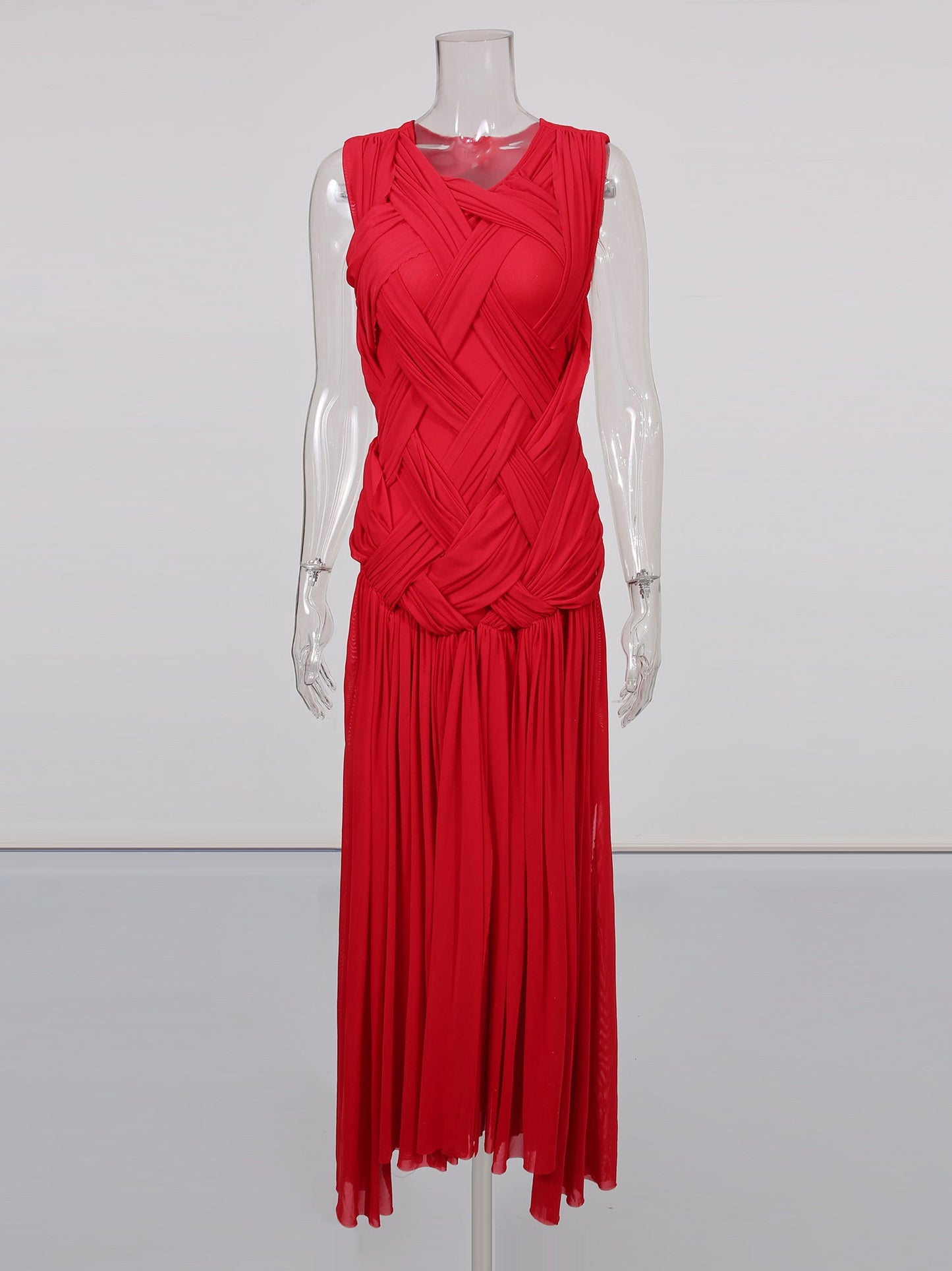 Red Sleeveless Knotted Ruched Maxi Dress