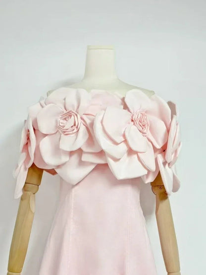 Romantic Pink Off - Shoulder Floral Applique Maxi Dress