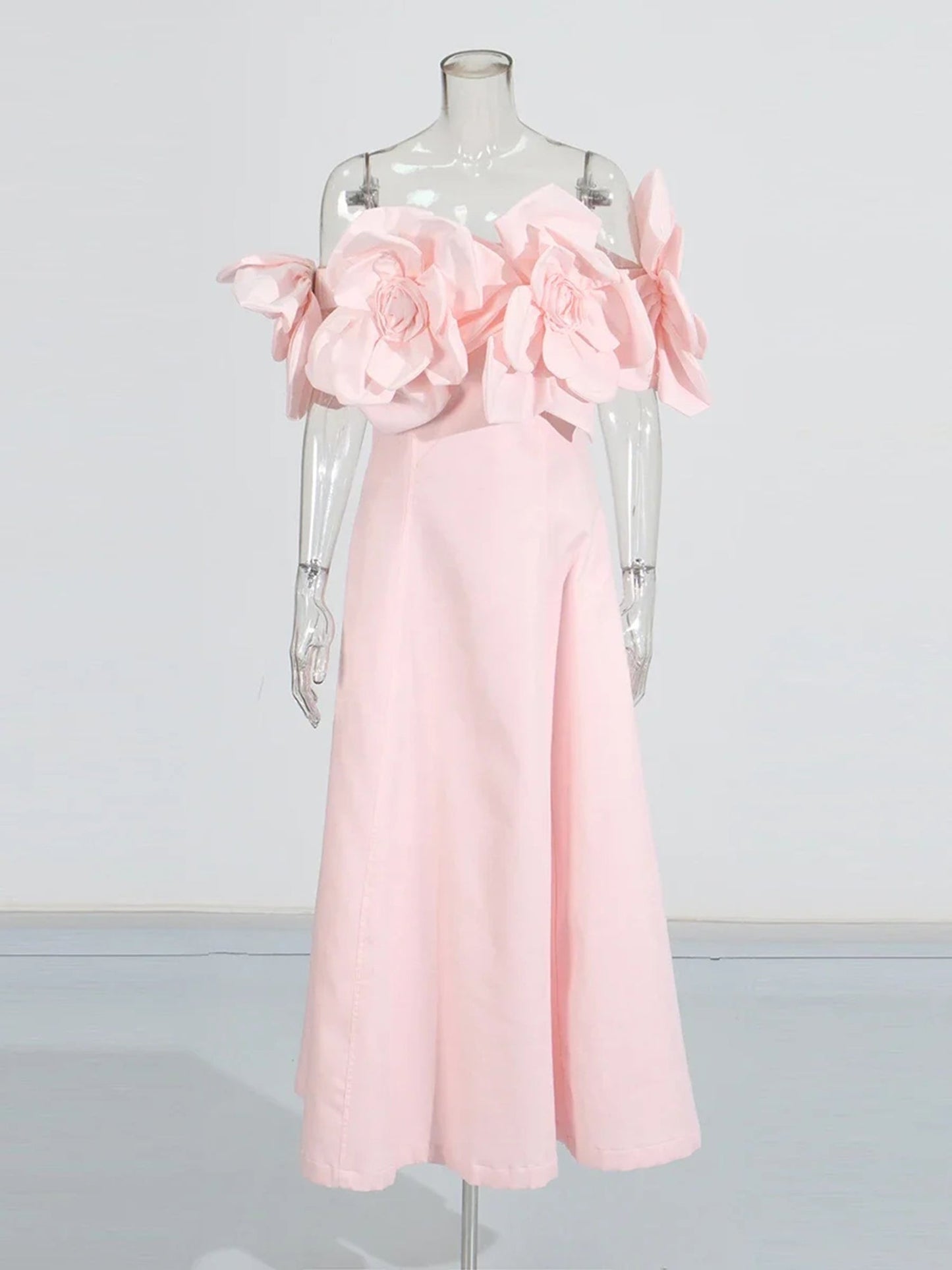 Romantic Pink Off - Shoulder Floral Applique Maxi Dress