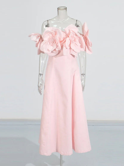 Romantic Pink Off - Shoulder Floral Applique Maxi Dress