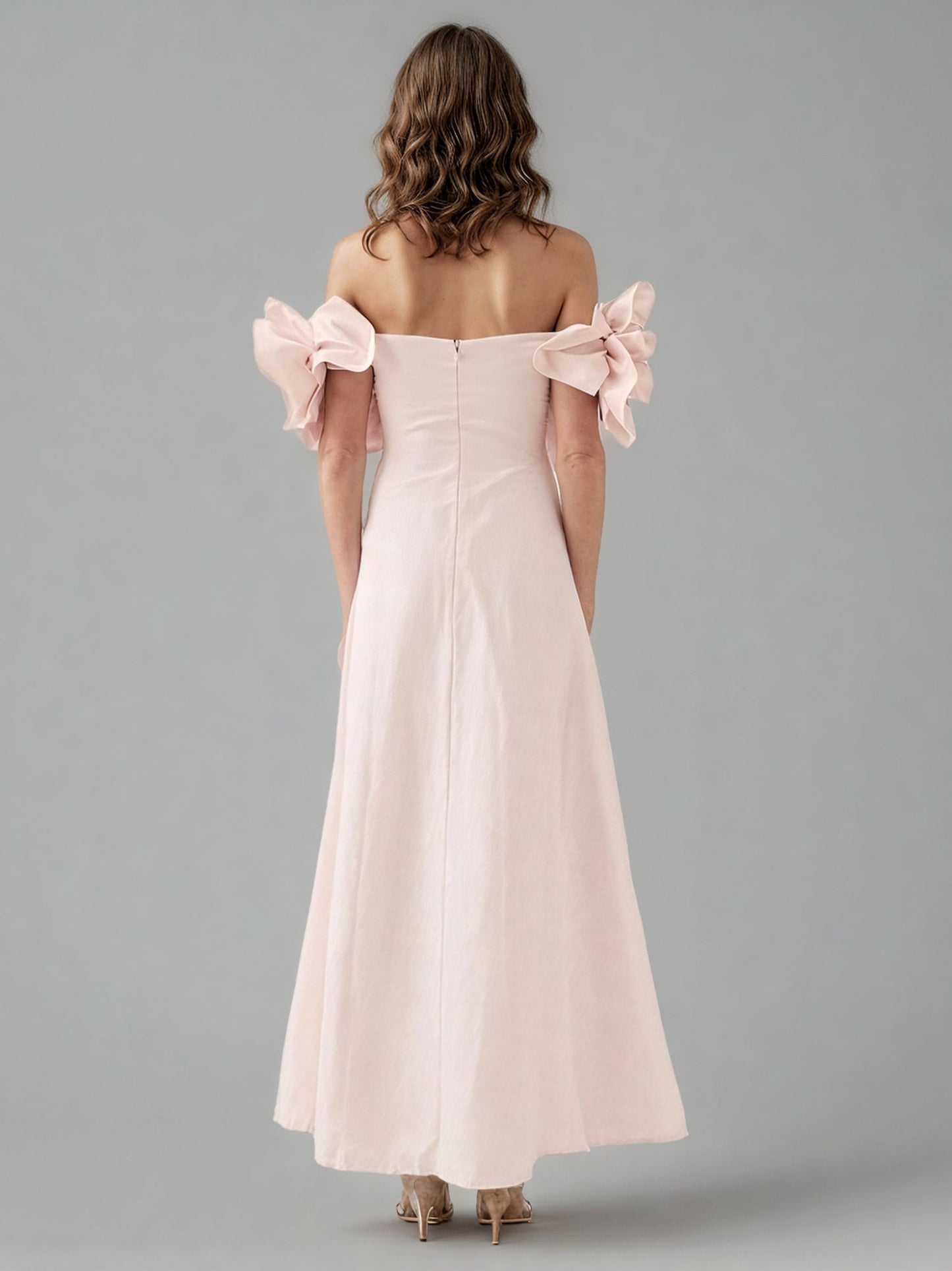 Romantic Pink Off - Shoulder Floral Applique Maxi Dress