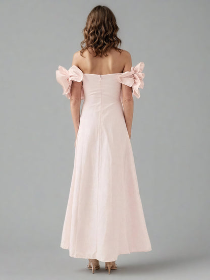 Romantic Pink Off - Shoulder Floral Applique Maxi Dress