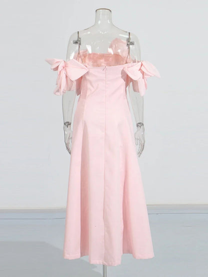 Romantic Pink Off - Shoulder Floral Applique Maxi Dress