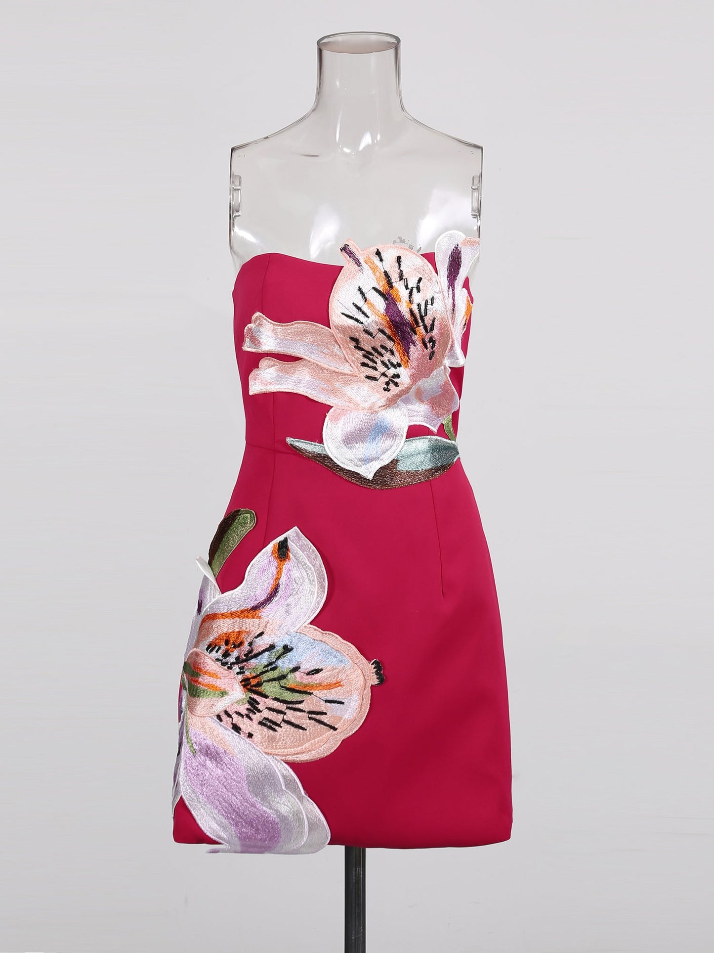 Rose Strapless Mini Dress with Floral Embroidery