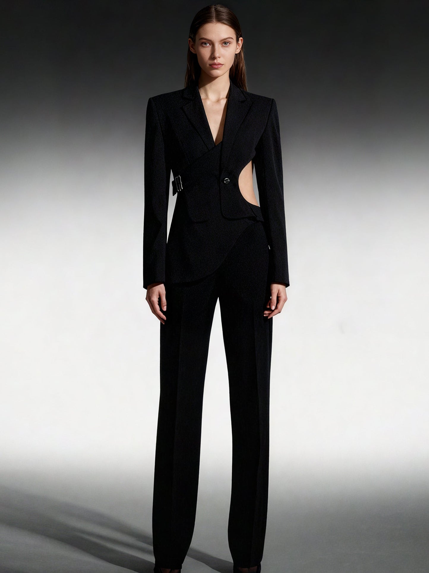 Stylish Black Cut - out Asymmetric Blazer with Belt