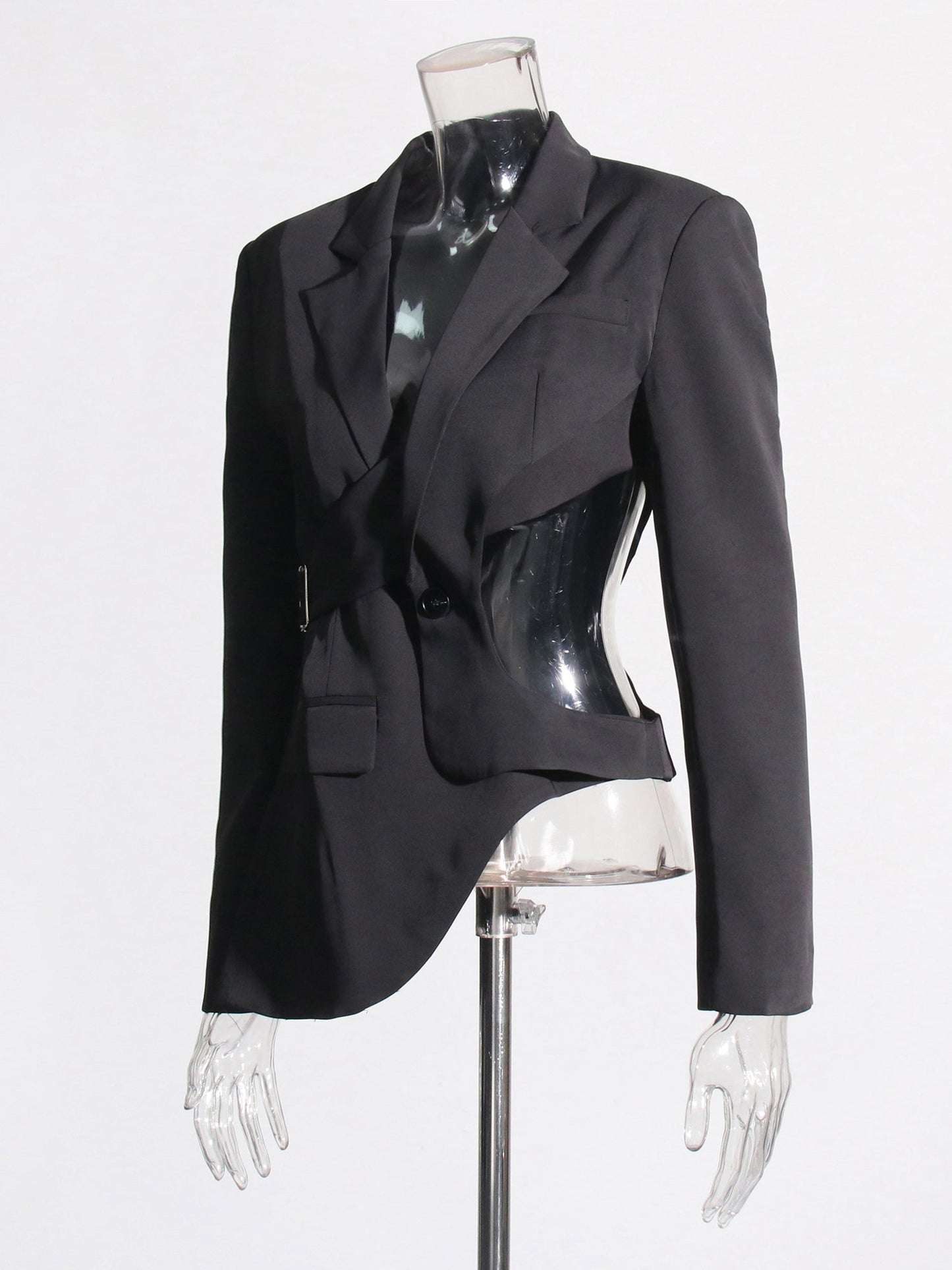 Stylish Black Cut - out Asymmetric Blazer with Belt