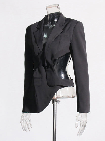 Stylish Black Cut - out Asymmetric Blazer with Belt