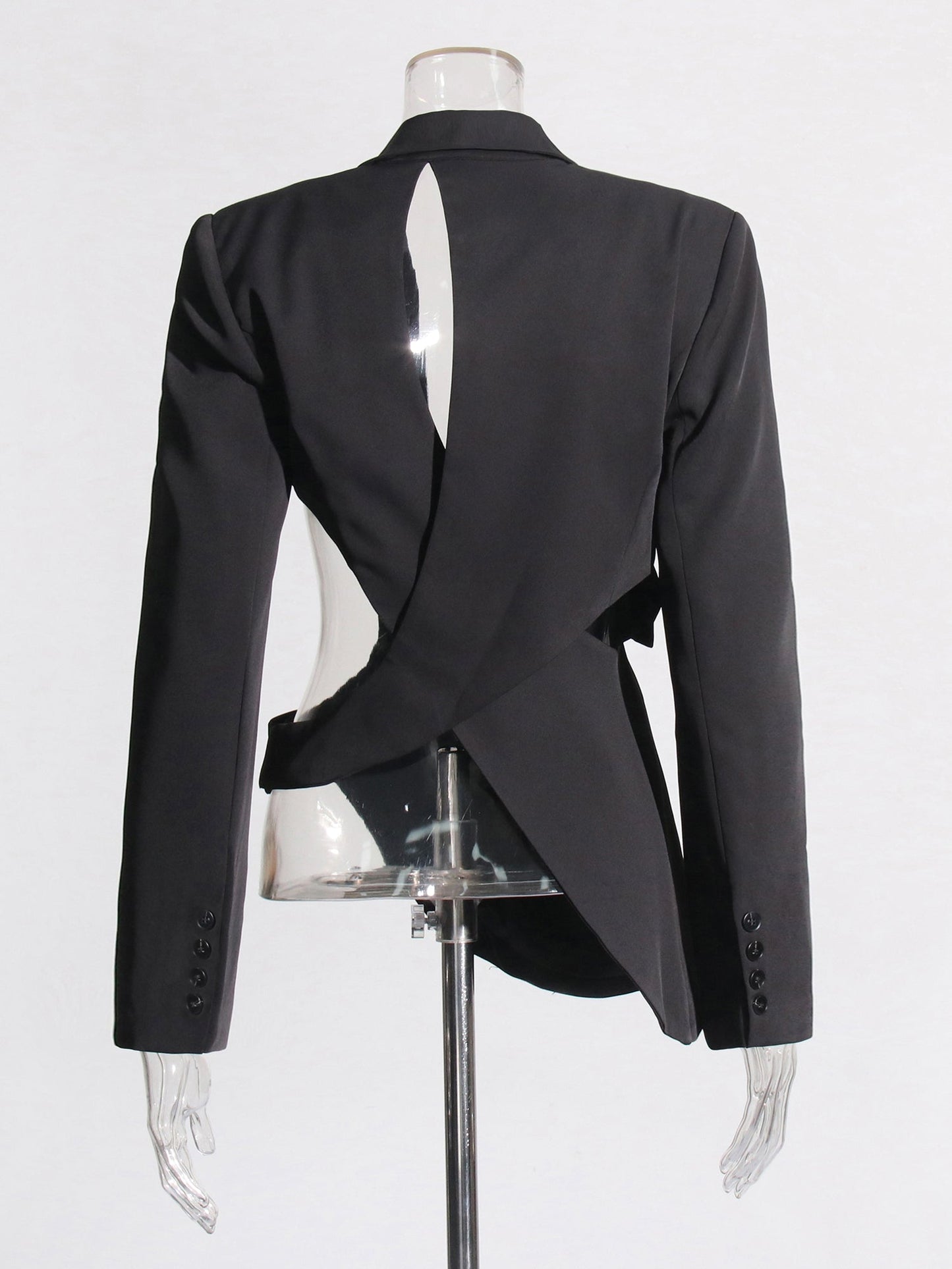 Stylish Black Cut - out Asymmetric Blazer with Belt