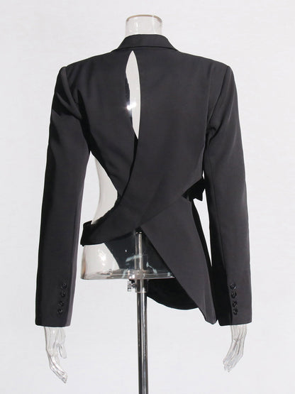Stylish Black Cut - out Asymmetric Blazer with Belt