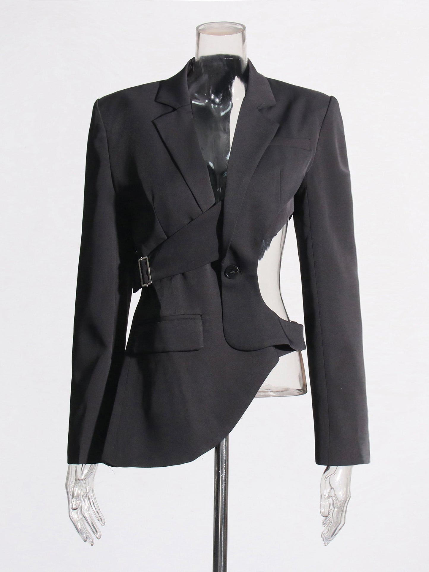 Stylish Black Cut - out Asymmetric Blazer with Belt