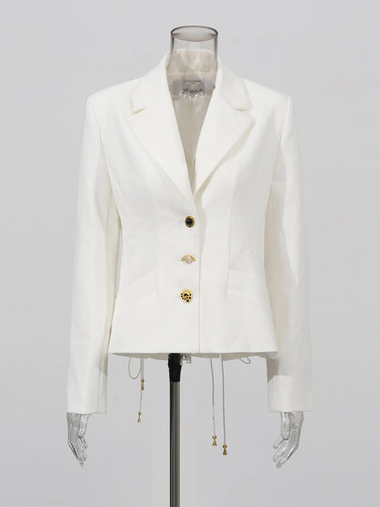 White Blazer with Unique Button & Drawstring Hem