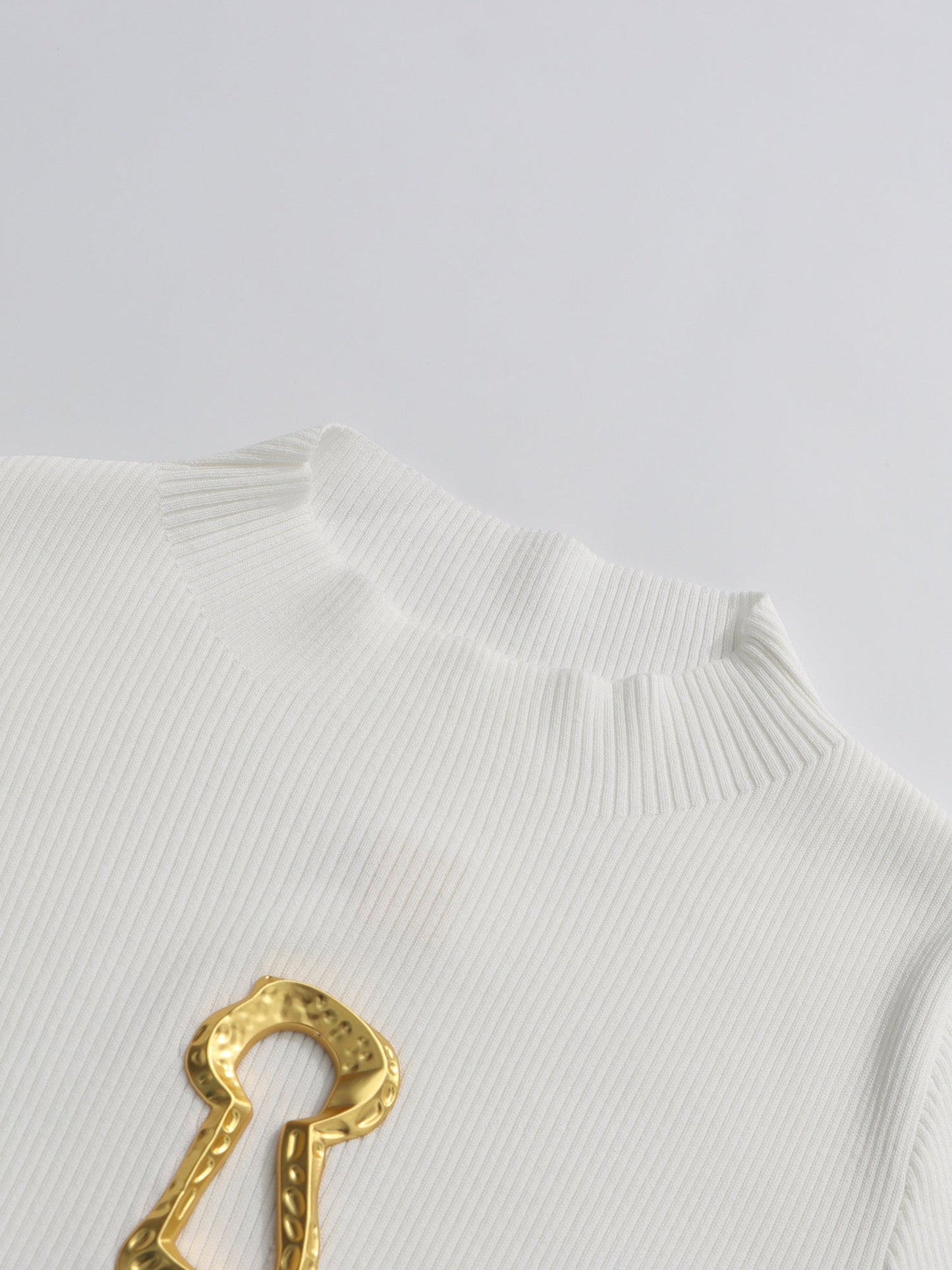 White Ribbed Knit Sweater with Gold Embellishment