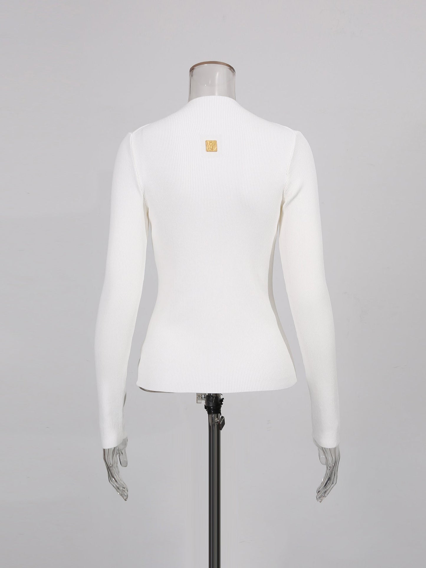 White Ribbed Knit Sweater with Gold Embellishment