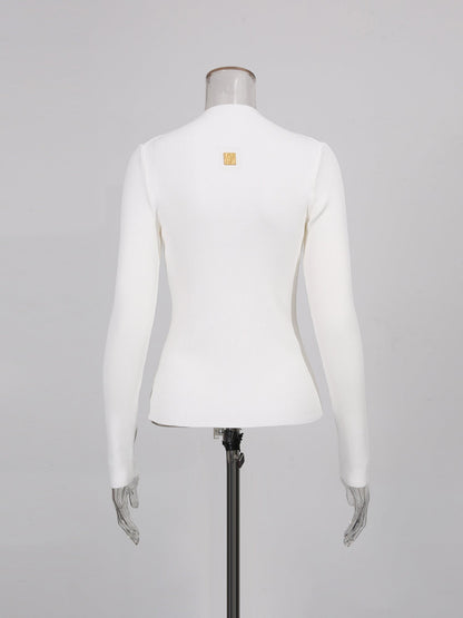White Ribbed Knit Sweater with Gold Embellishment