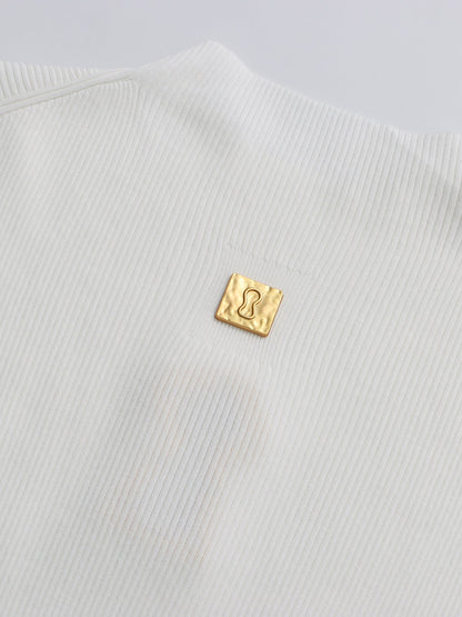 White Ribbed Knit Sweater with Gold Embellishment