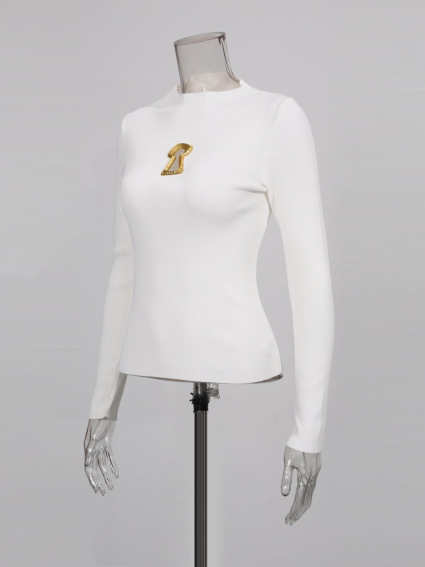 White Ribbed Knit Sweater with Gold Embellishment