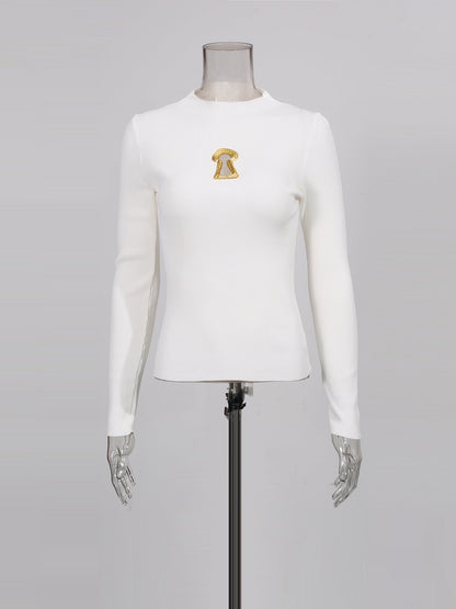 White Ribbed Knit Sweater with Gold Embellishment
