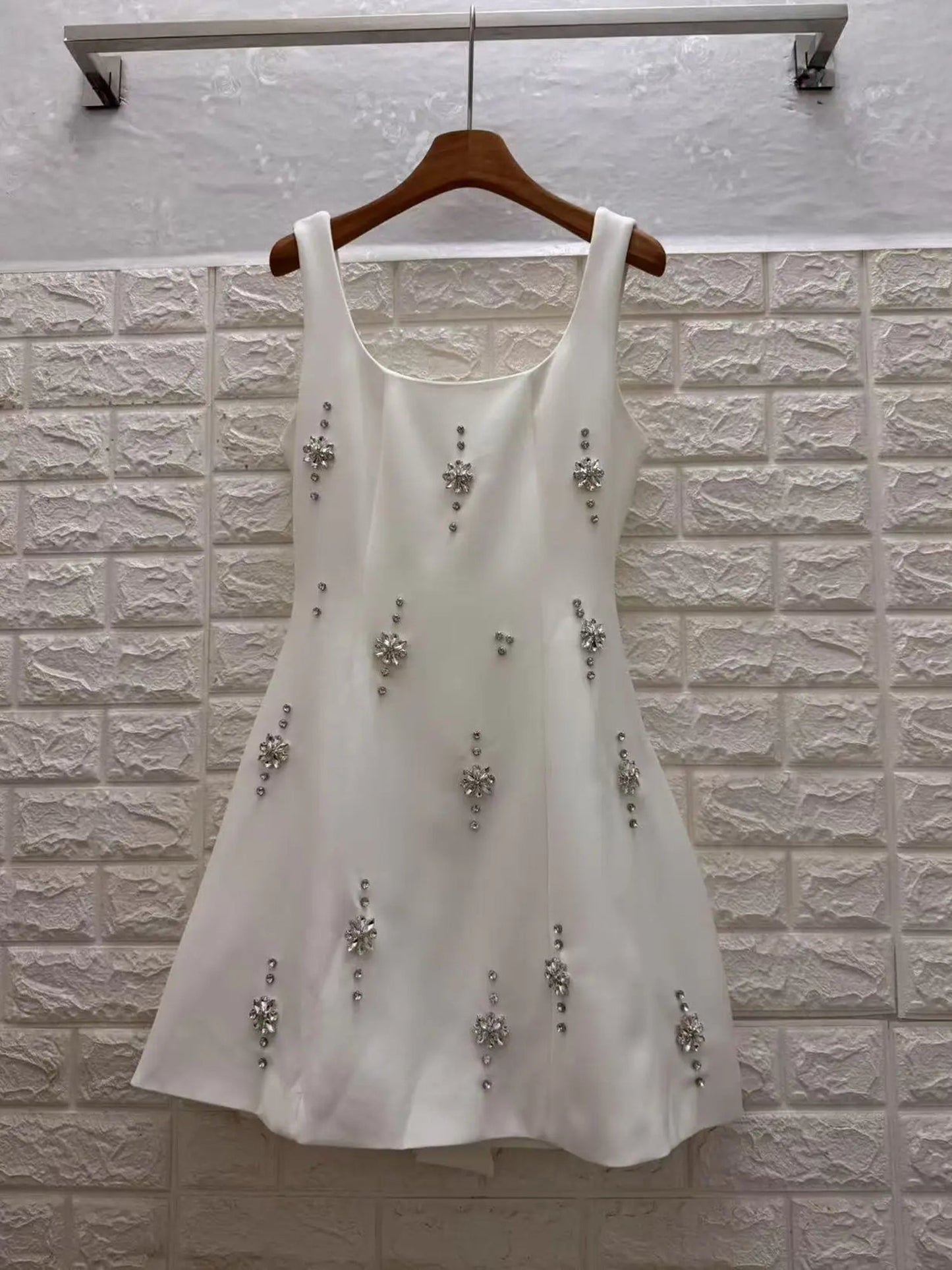 White Square Neck Mini Dress with Crystal Florals