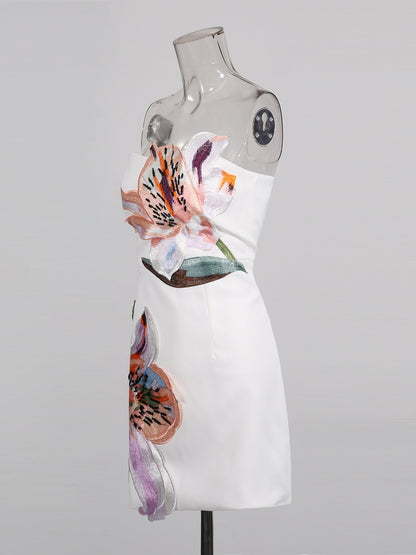 White Strapless Mini Dress with Floral Embroidery