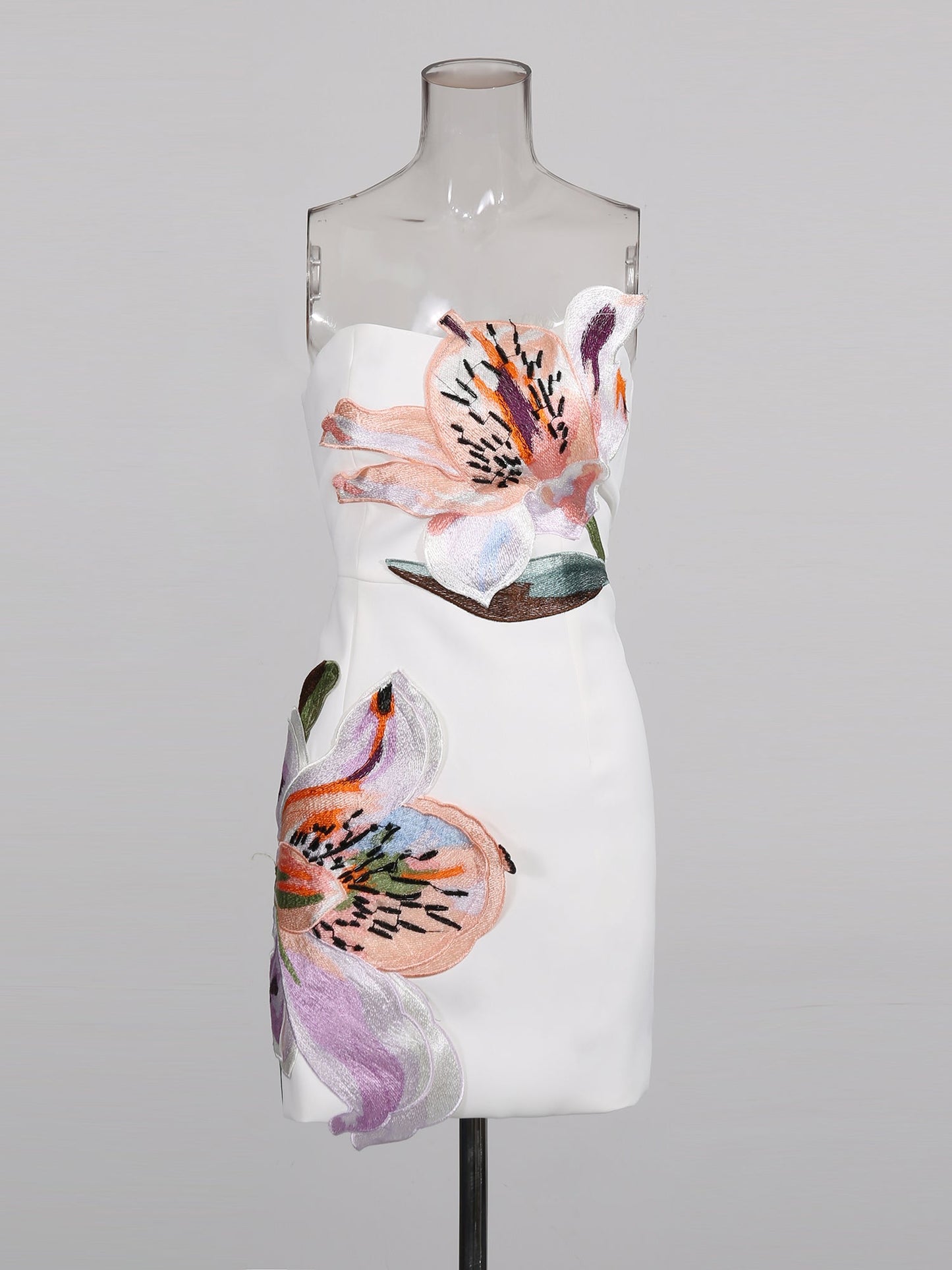 White Strapless Mini Dress with Floral Embroidery