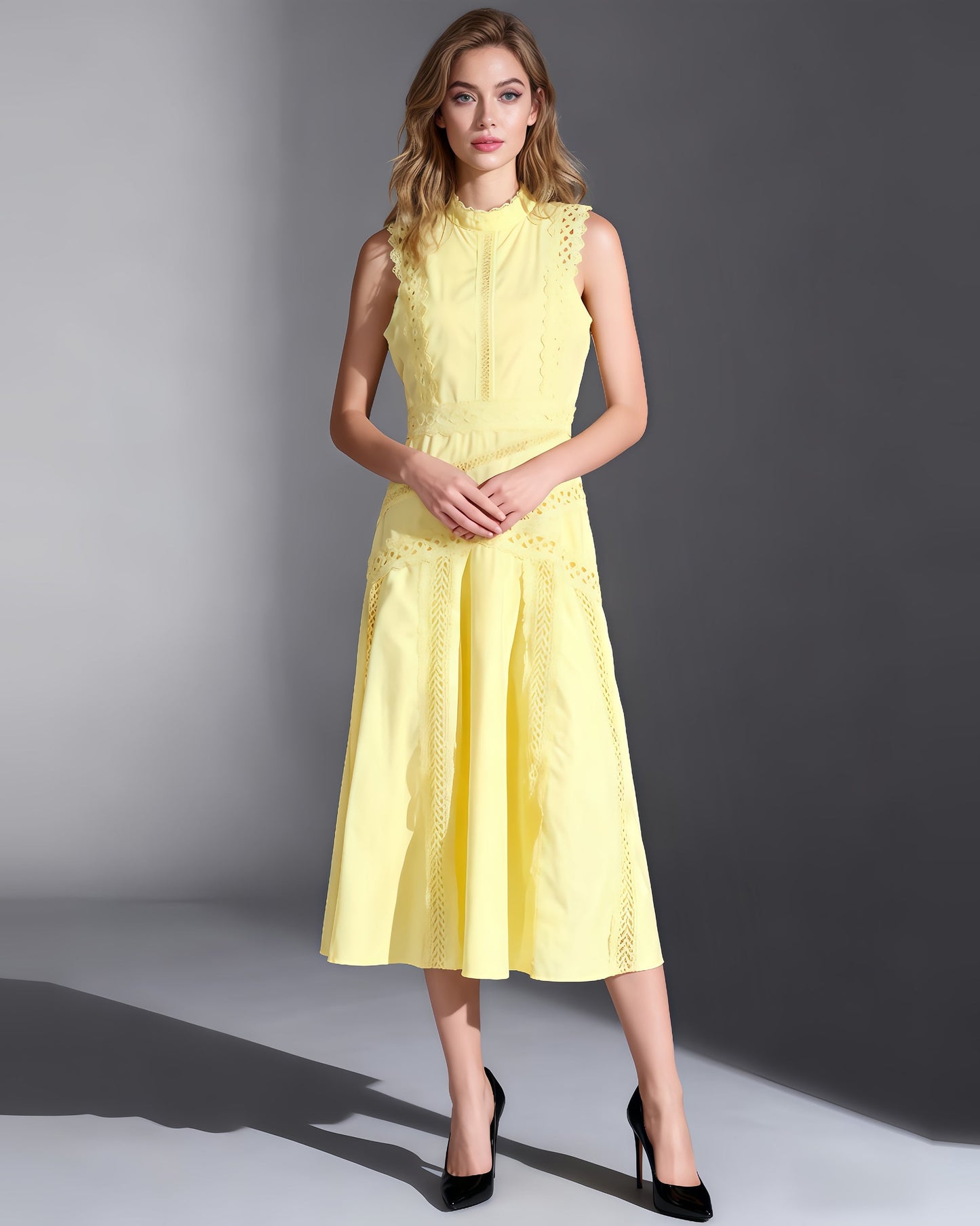 Yellow Lace Sleeveless Midi Dress